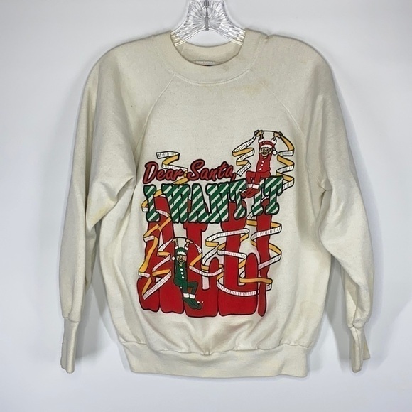 20/20 Sport Vintage Dear Santa I Want It All Raglan Sleeve Elf Sweatshirt - Picture 1 of 8